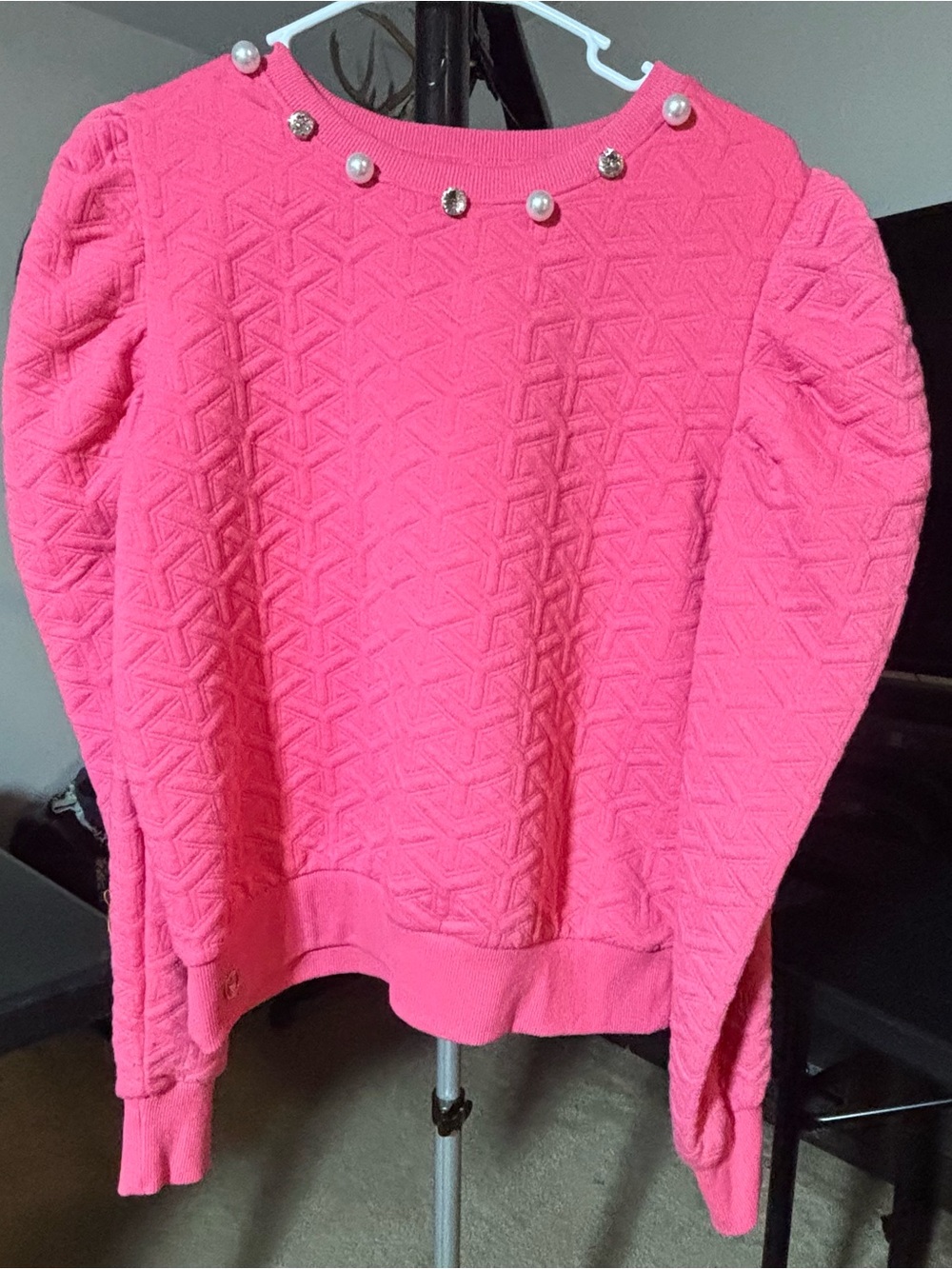 Simply Southern Hot Pink Textured Crewneck Sweater with Pearl Accents